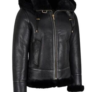 Elegant Black Leather Shearling Jacket